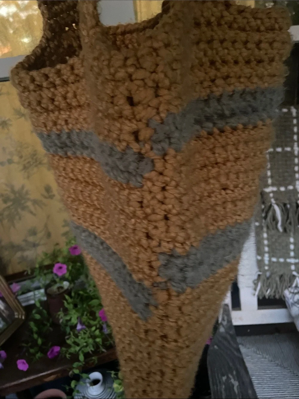 Hand Made Crochet Tote Bag in Kodak Yellow with Moss Green Stripes 🫶🏻